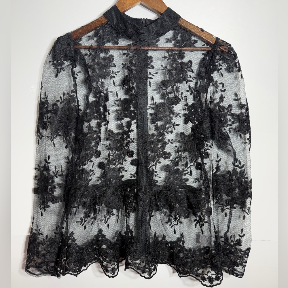 Beautiful Romantic Black Floral Lace Peplum Long Sleeve Blouse With Mock Neck